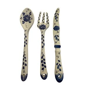 Blue and White Ceramic Salad Server Set w Knife Hand Painted Floral 3 Pc